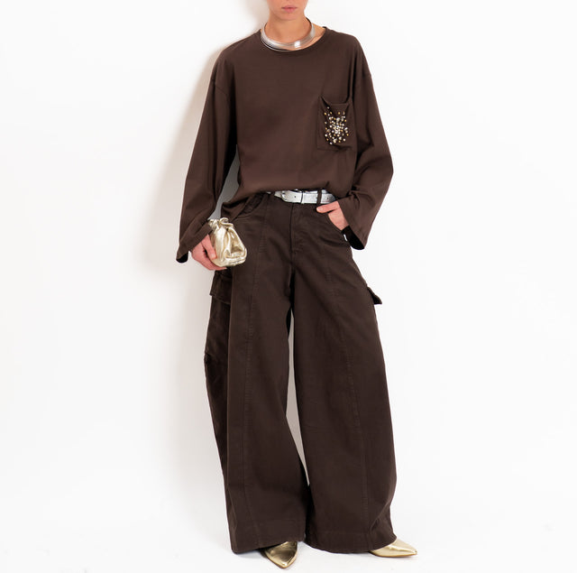 Tensione in-T-shirt taschino con applicazione cabochon - moro
