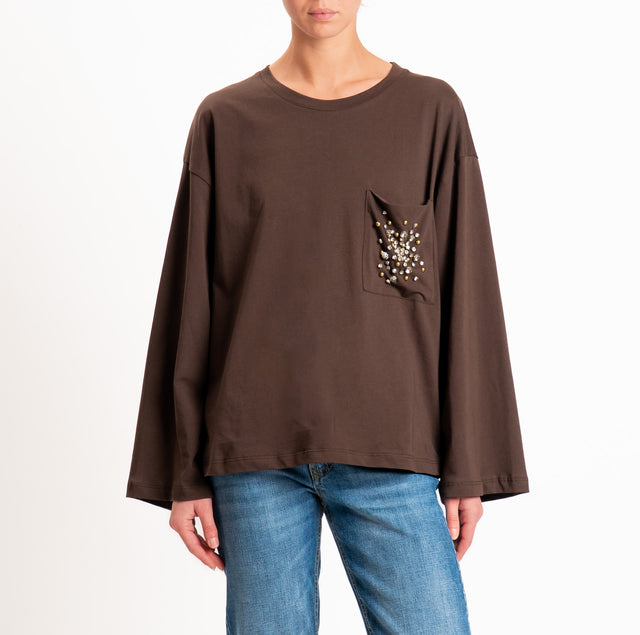Tensione in-T-shirt taschino con applicazione cabochon - moro