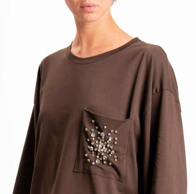 Tensione in-T-shirt taschino con applicazione cabochon - moro