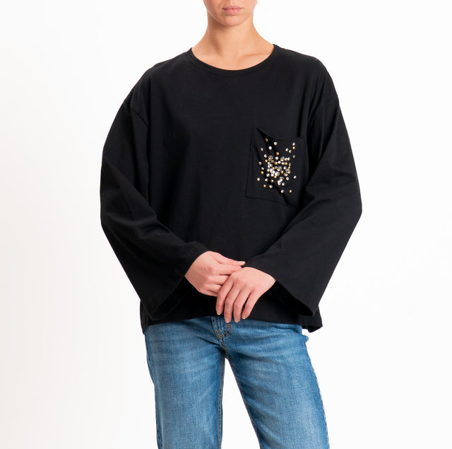 Tensione in-T-shirt taschino con applicazione cabochon - nero