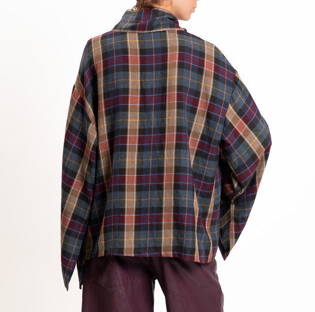 Tensione in-Blusa check collo montato - vino/piombo/cuoio