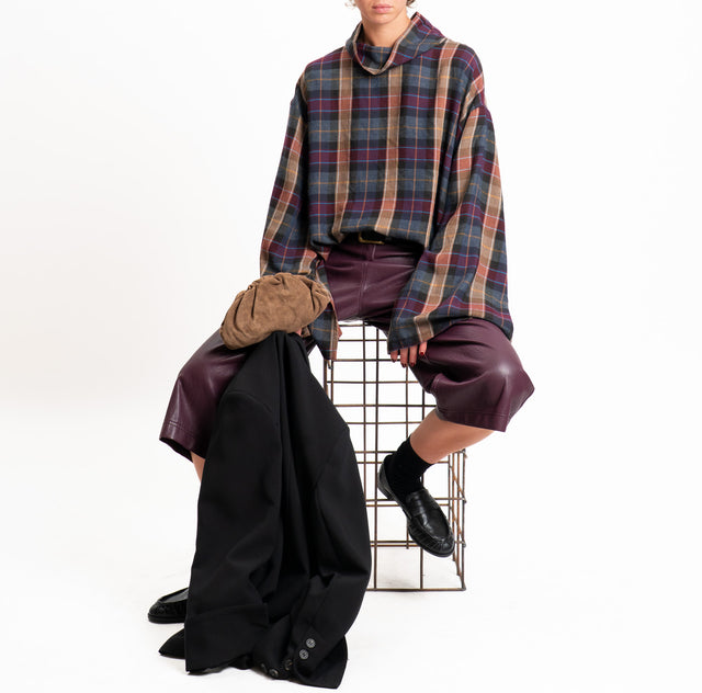 Tensione in-Blusa check collo montato - vino/piombo/cuoio