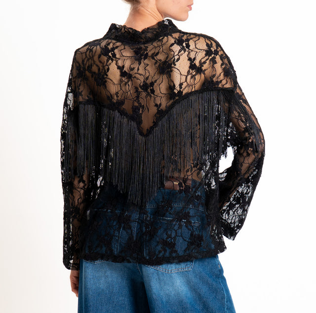 Tensione in-T-shirt in pizzo con frange - nero