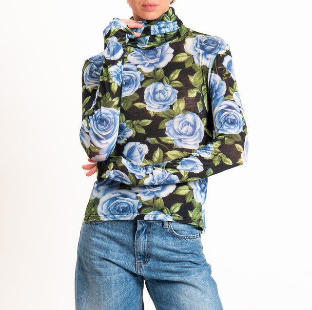 Tensione in-T-shirt collo montato fantasia floreal - nero/azzurro/verde
