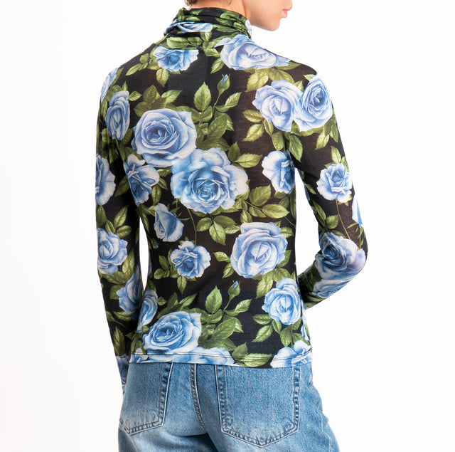Tensione in-T-shirt collo montato fantasia floreal - nero/azzurro/verde