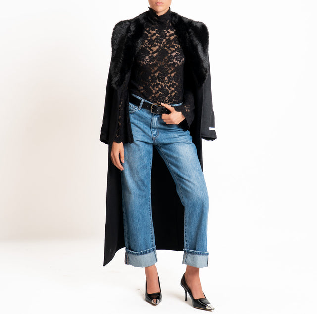 Tensione in-T-shirt collo alto manica ampia in pizzo elasticizzato - nero