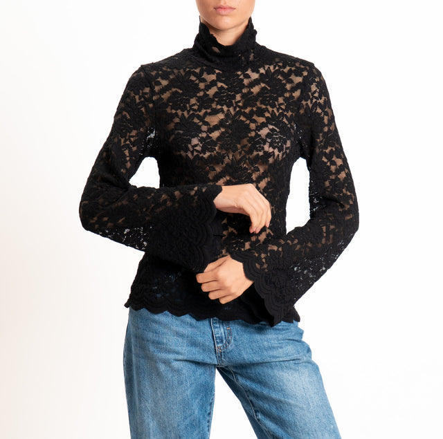 Tensione in-T-shirt collo alto manica ampia in pizzo elasticizzato - nero