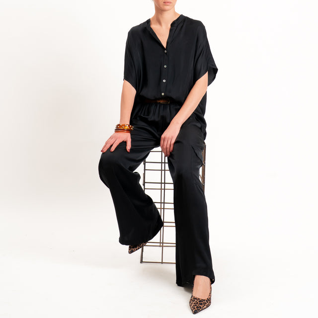 Tensione in-Pantalone cargo satin elastico in vita - nero