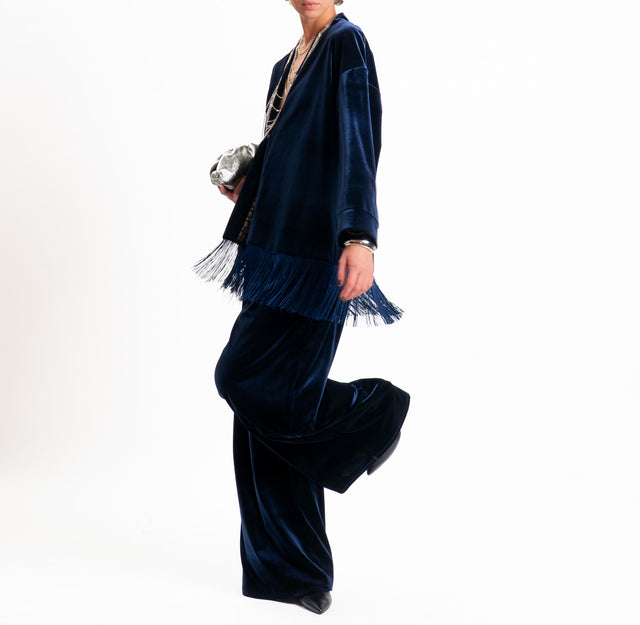 Tensione in-Giacca kimono velluto ciniglia con frange - blu