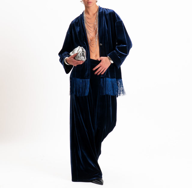 Tensione in-Giacca kimono velluto ciniglia con frange - blu