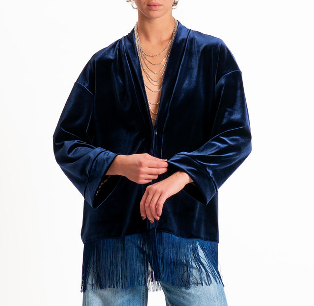 Tensione in-Giacca kimono velluto ciniglia con frange - blu