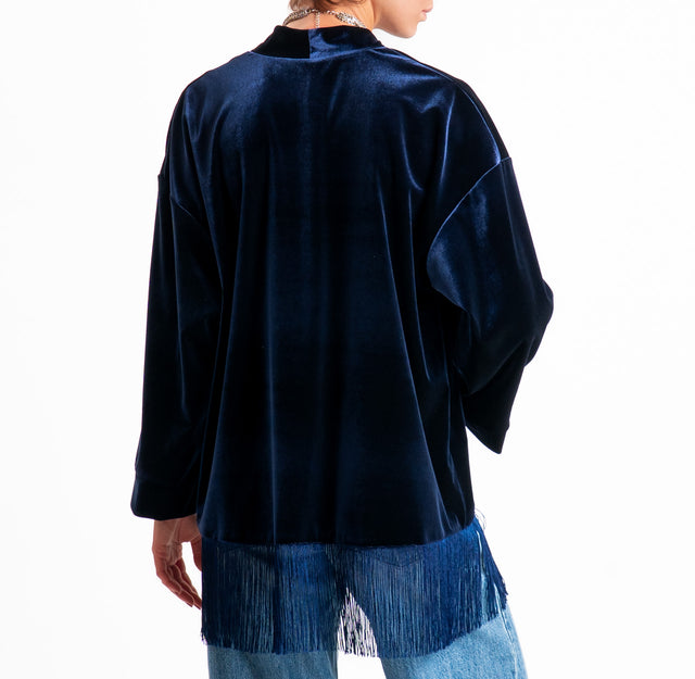 Tensione in-Giacca kimono velluto ciniglia con frange - blu