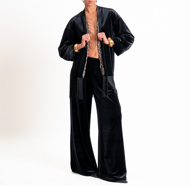 Tensione in-Giacca kimono velluto ciniglia con frange - nero