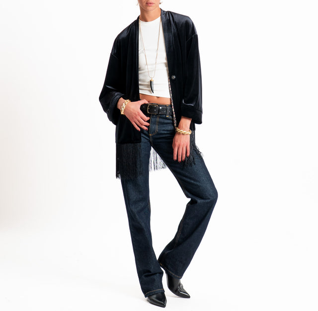 Tensione in-Giacca kimono velluto ciniglia con frange - nero