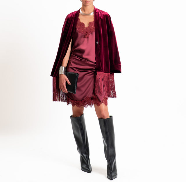 Tensione in-Giacca kimono velluto ciniglia con frange - Bordeaux