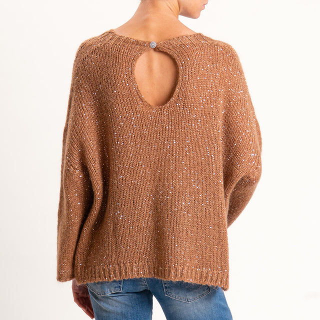 Tensione in-Maglia mohair bottone dietro con paill - camel