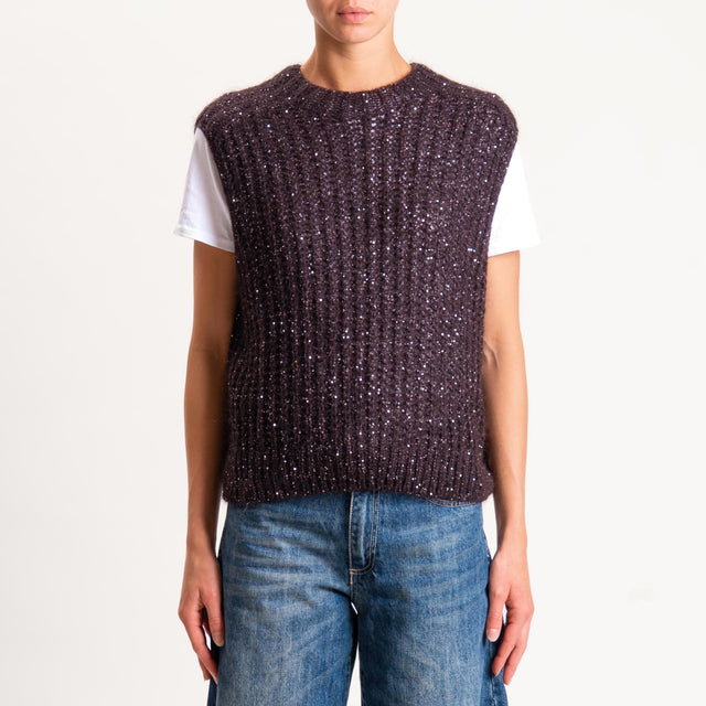 Tensione in-Maglia mohair smanicata con paillette - moro