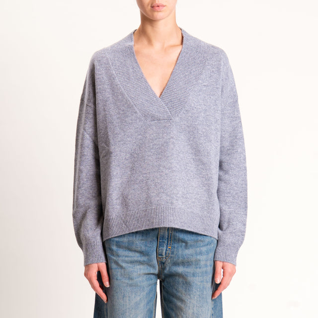 Tensione in-Maglia 100% lana scollo v - grigio melange