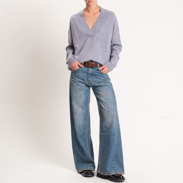 Tensione in-Maglia 100% lana scollo v - grigio melange