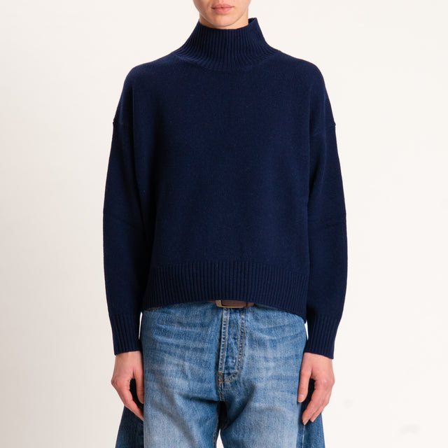 Tensione in-Maglia 100 % lana collo montato - blu