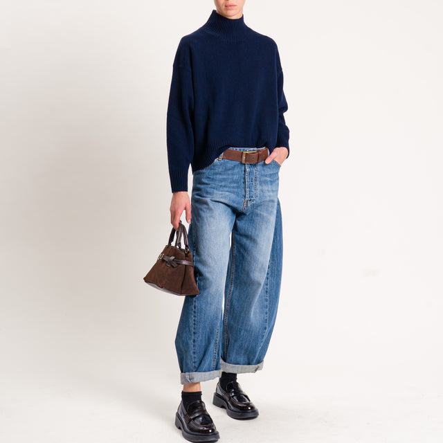 Tensione in-Maglia 100 % lana collo montato - blu