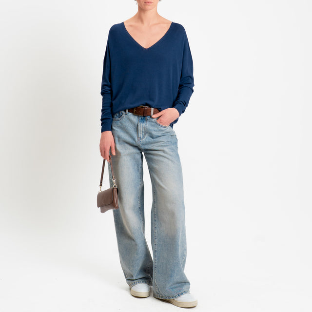 Tensione in -Maglia scatola scollo v - blu