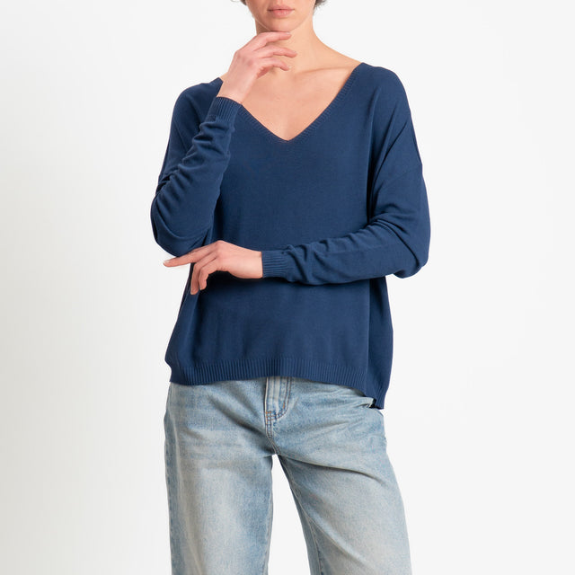 Tensione in -Maglia scatola scollo v - blu