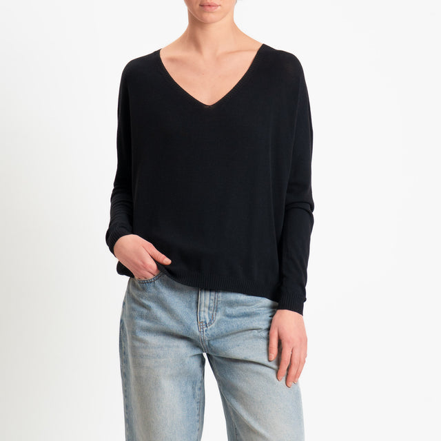 Tensione in -Maglia scatola scollo v - nero