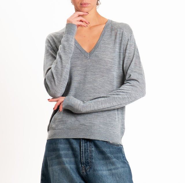 Tensione in-Maglia scollo a v 100% LANA MERINO - grigio melange