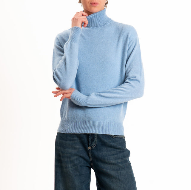 Tensione in-Maglia 100% LANA SOFT collo alto - celeste