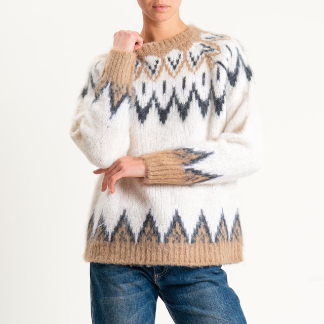 Tensione in-Maglia jaquard fairisle misto lana - camello/ecru/rosa