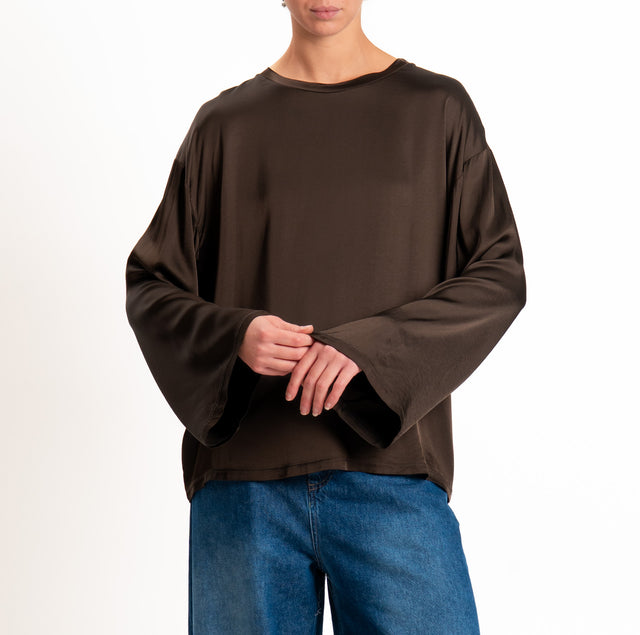 Tensione in-Blusa satin elasticizzato manica ampia - moka