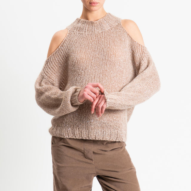 Tensione in-Maglia coste inglese cut out mohair con micro paillettes - beige