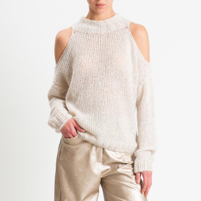 Tensione in-Maglia coste inglese cut out mohair con micro paillettes - crema
