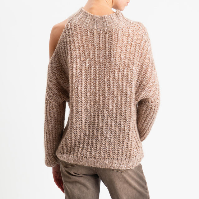 Tensione in-Maglia coste inglese cut out mohair con micro paillettes - beige