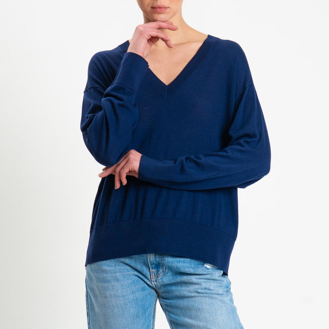 Tensione in-Maglia scollo v 100% LANA MERINO - blu