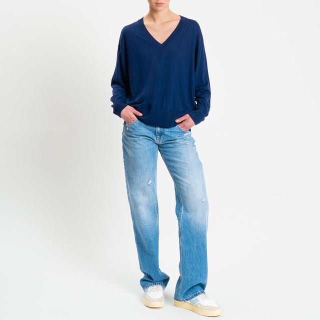 Tensione in-Maglia scollo v 100% LANA MERINO - blu