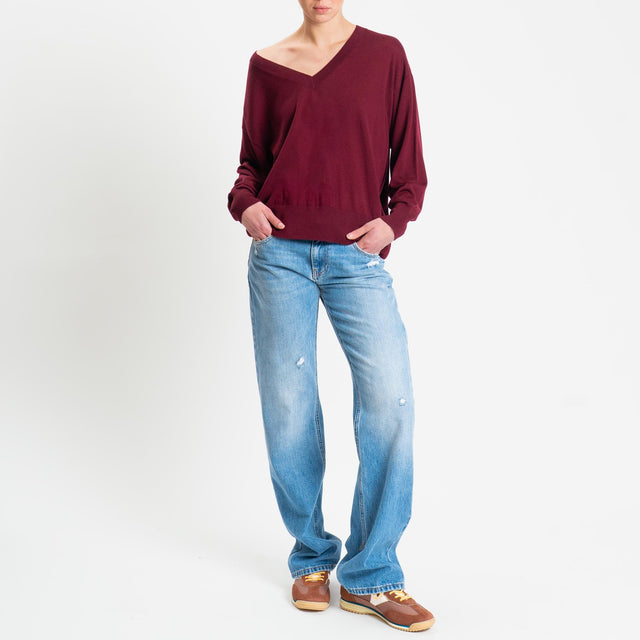 Tensione in-Maglia scollo v 100% LANA MERINO - Bordeaux