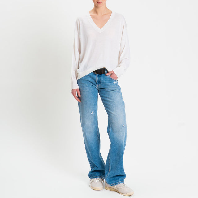 Tensione in-Maglia scollo v 100% LANA MERINO - panna