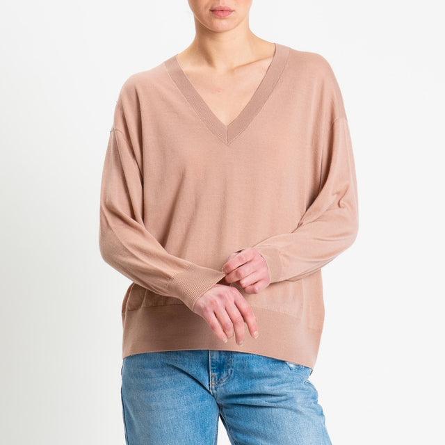 Tensione in-Maglia scollo v 100% LANA MERINO - rosa