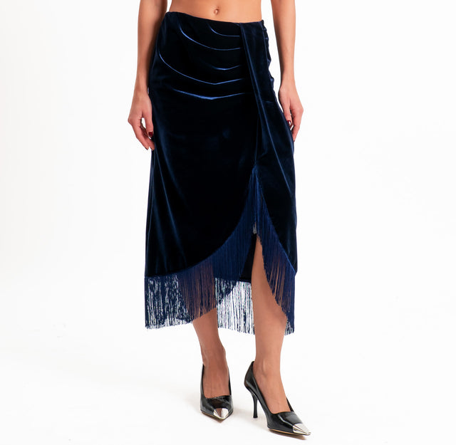 Tensione in-Gonna velluto ciniglia con frange - blu