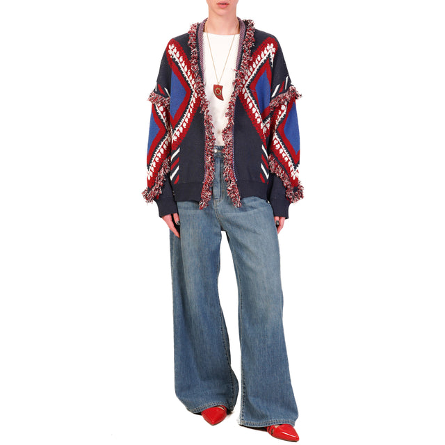 Tensione in-Cardigan jaquard con frange - blu/rosso/bianco