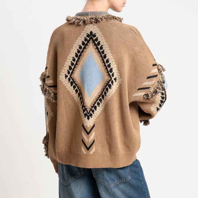 Tensione in-Cardigan jaquard con frange - camel/beige/celeste