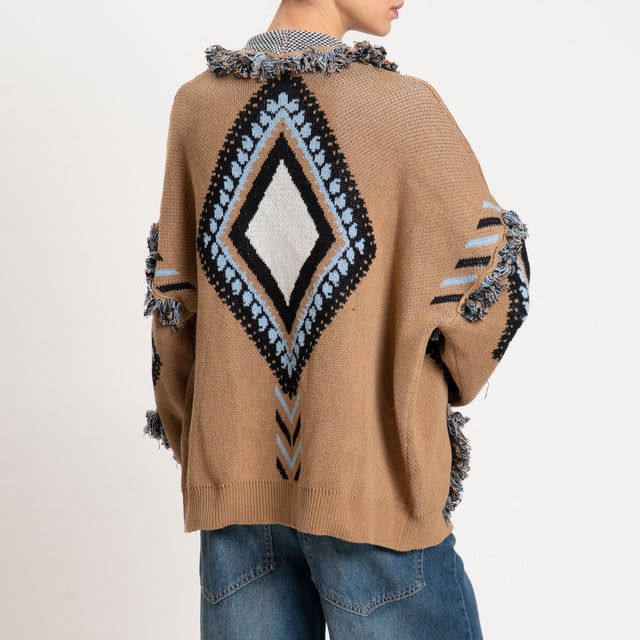 Tensione in-Cardigan jaquard con frange - camel/celeste/bianco