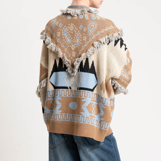 Tensione in-Cardigan jaquard con frange - beige/celeste/nero