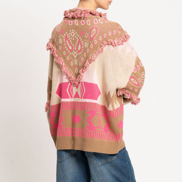 Tensione in-Cardigan jaquard con frange - camel/fucsia/beige