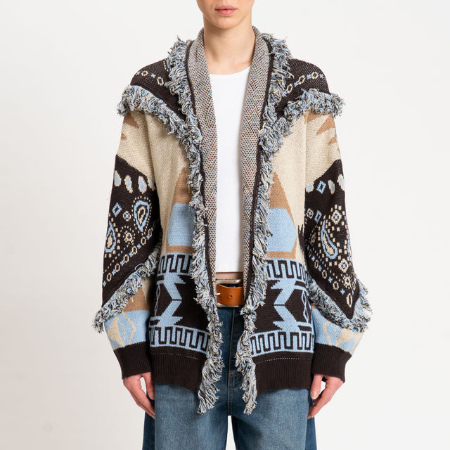 Tensione in-Cardigan jaquard con frange - moro/celeste/beige