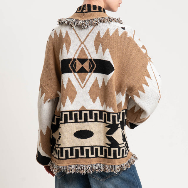 Tensione in-Cardigan jaquard con frange - latte/camel/nero