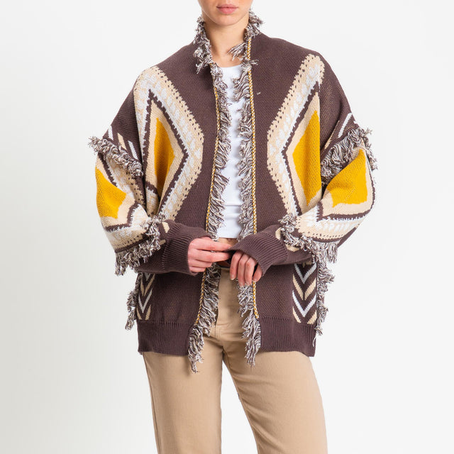Tensione in-Cardigan rombi con frange - brown/beige/senape