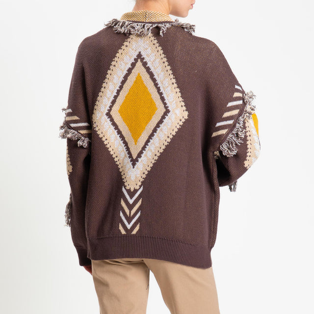 Tensione in-Cardigan rombi con frange - brown/beige/senape